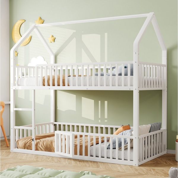 Flieks Etagenbett, Metallbett Hochbett Hausbett 90x200cm mit Leiter und oberem Lattenrost