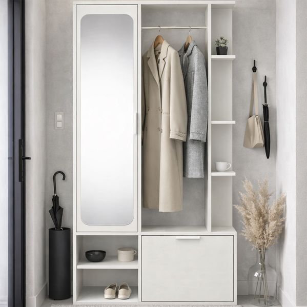 MEBLINI Garderobenschrank Flur mit Spiegel - NADIA - 100x33x190cm R/L – Weiß - Garderobe Schrank - Flurgarderobe schmal - Garderobe Flur Möbel Set - Flurschrank hoch
