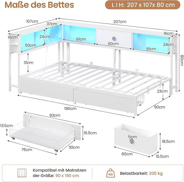 MSMASK Daybett Schlafsofa mit LED-Beleuchtung und Steckdose, Kinderbett, Jugendbett (1 tlg), Bett mit Metallrost, 90x190 cm