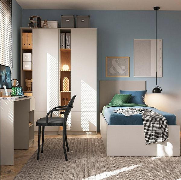 Lomadox Jugendzimmer-Set FIER-129, (Sparset, 3-tlg, Schreibtisch Kleiderschränke Bett), kaschmir mit Eiche, Jugendbett 90x200cm, grifflos