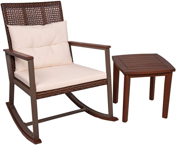 Outdoor-Schaukelstuhl MAINZ mit Beistelltisch Dunkelbraun Eukalyptus | Gartenstuhl Relaxsessel Garten Balkon Outdoor