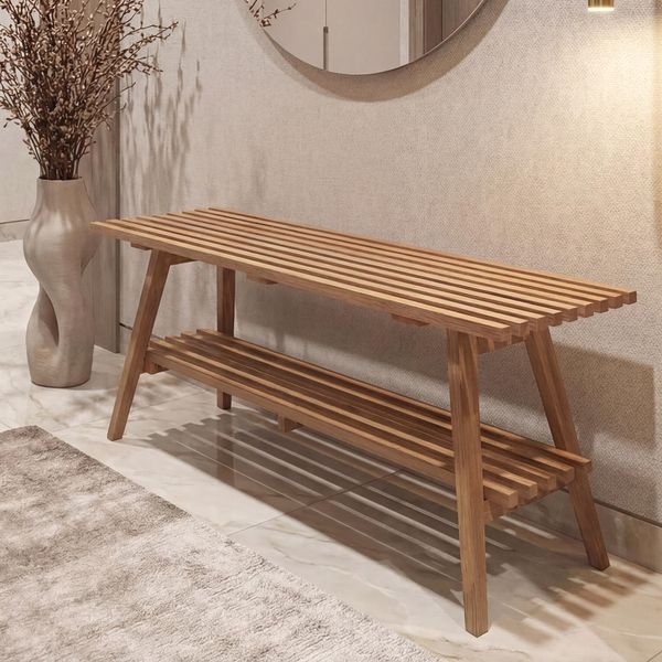 MCA Garderoben-Bank HWC-P56, Sitzbank Schuhregal Schuhablage Schuhbank Flurbank, 45x100x35cm, Massiv-Holz Eiche