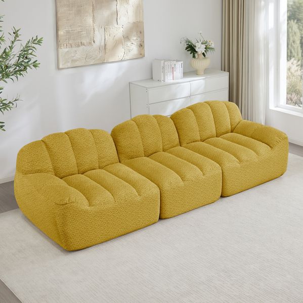 Modulares 3-Sitzer Sofa 79cm×228cm×104cm in Gelb – rahmenloses Wohnzimmersofa mit tiefem Sitz und Granuliertem Fleece