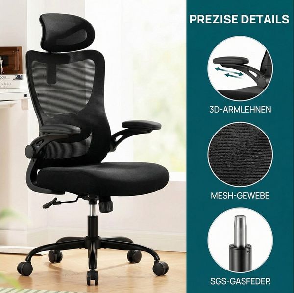 Marsail Bürostuhl ergonomisch mit verstellbarer Kopfstütze, 3D klappbaren Armlehnen (Drehbarer Schreibtischstuhl / Computerstuhl mit Mesh-Bezug), bis 136 kg, ideal für Büro, Homeoffice & Gaming