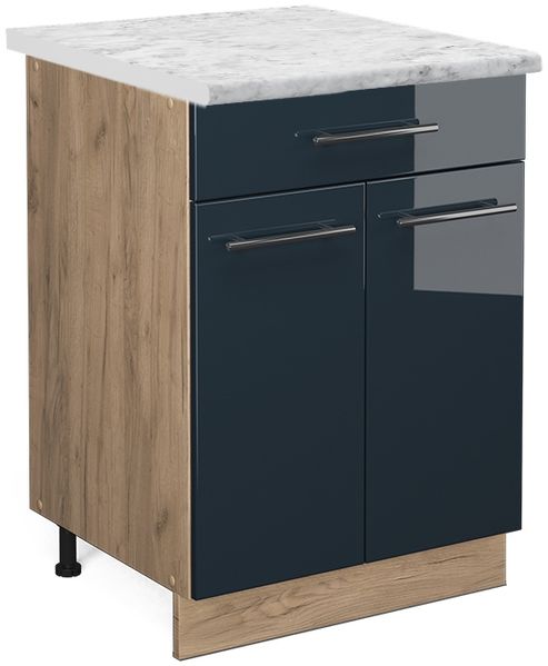 Küchenunterschrank Fame-Line Dunkelblau Hochglanz 60 cm mit Schublade, AP Marmor Vicco