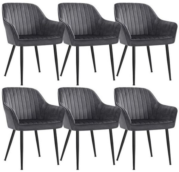 Songmics Esszimmerstuhl mit Armlehnen, 6er Set, Samt, 62,5 x 60 x 85 cm, Grau / Schwarz