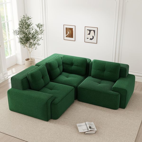 Modulares Ecksofa aus Cord, tiefe Sitzfläche & breite Armlehnen, 177 x 104 x 69 cm, Grün