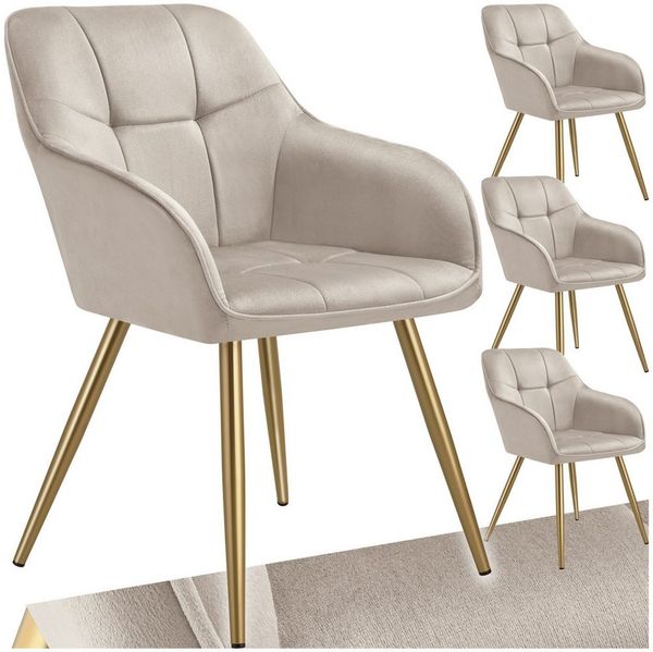 tectake Esszimmerstuhl Polstersessel gepolstert, in Samtoptik, gesteppt, 58 x 62 x 82 cm (Küchenstuhl Marilyn in taupe/gold, 4 St), schlanke, goldene Stahlbeine, bodenschonend, Belastbarkeit 120 kg
