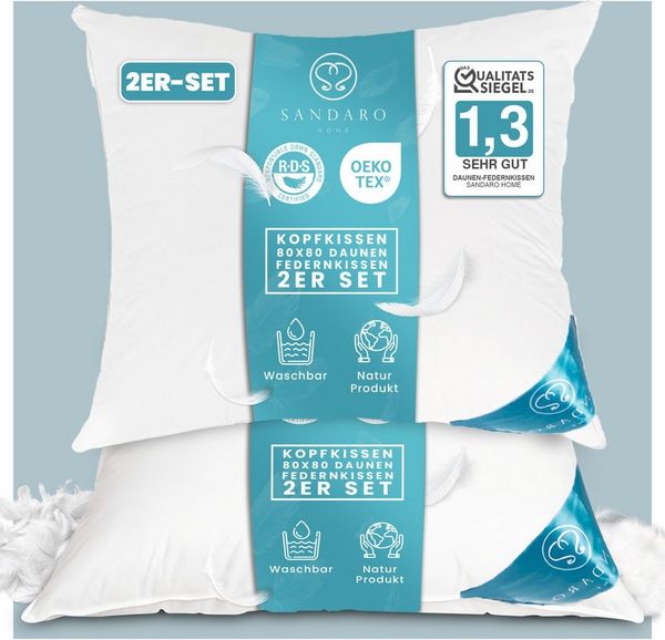 Sandaro Home Daunenkissen Luxuriöses Kopfkissen mit Daunen & Federn, Füllung: 70% Daunen/ 30% Federn, Bezug: Baumwolle, Weiches Kissen für erholsamen Schlaf, 80 x 80 cm