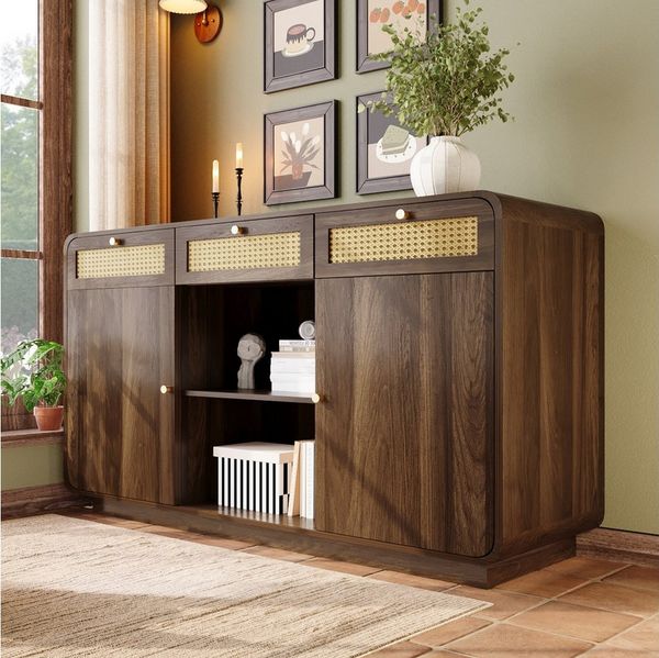 Flieks Kommode mit Rattan-Schubladen und verstellbaren Einlegeböden (1 St, H85/B120/T40 cm), Sideboard Mehrzweckschrank Holzschrank Nussbaumfarbe