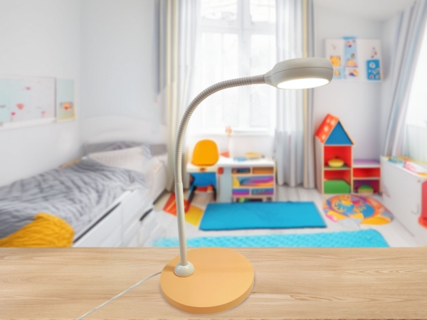 Moderne Kinder Schreibtischleuchte Pfirsichfarben/Grau mit Flexarm, Höhe 43cm