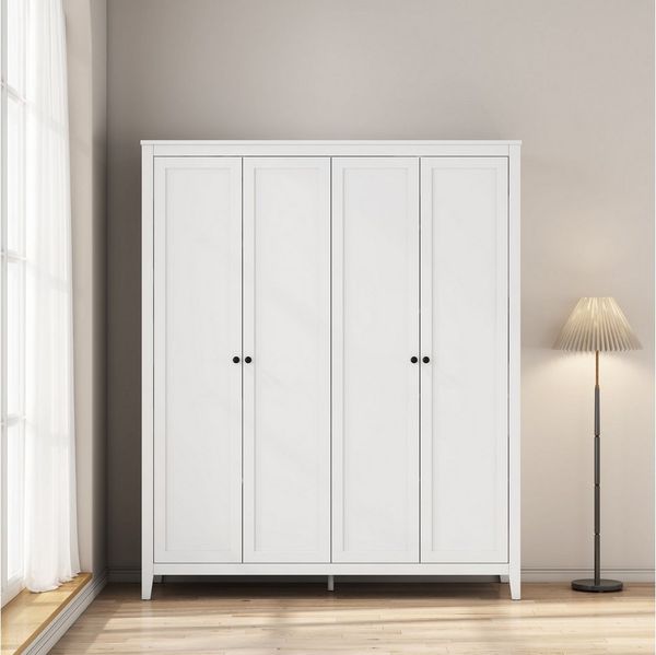 OTTO home Kleiderschrank Borkum Sideboard Anrichte mit 6 Schubladen Landhaus weiß (schwarze Griffe aus Metall) Schlafzimmerschrank mit 6 Böden und Kleiderstange, 4 Türen