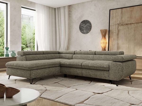 MKS Möbel 'Pablo L-Form' Ecksofa mit Schlaffunktion, verstellbare Kopfstützen, Grau, Struktur, Visco Topper, Links