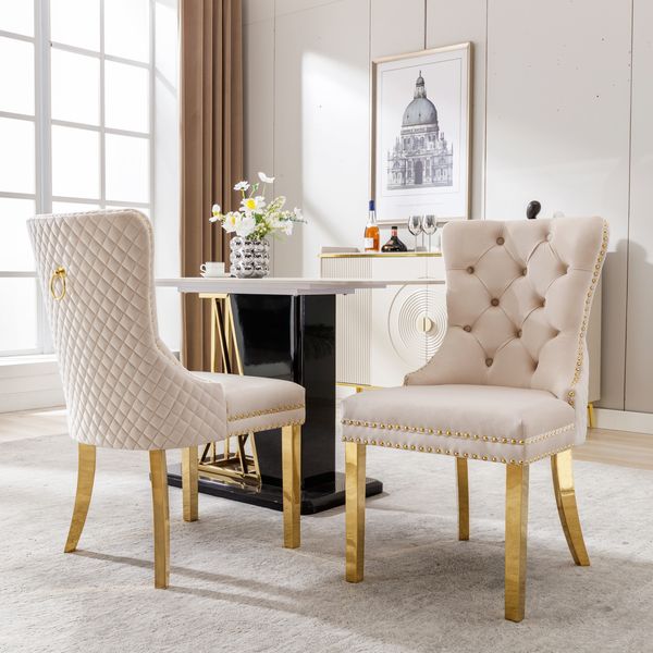 Esszimmerstuhl H 95 x T 45 x B 50,5 cm, Samt Beige mit goldfarbenen Edelstahlbeinen,2er-Set
