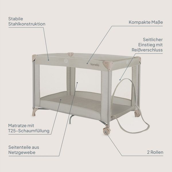 Lionelo Amelie Baby-Reisebett, ab Geburt bis 15 kg, klein, faltbar, weiche Faltmatratze, 100,5x70,5 cm, 2 Räder, seitlicher Einstieg, Reisetasche