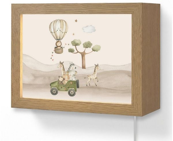 OnlyWow Wandleuchte Lightbox Wilde Tiere - Safari - Aquarell - Heißluftballon - Jungen, Dimmbar, Farbwechsel, LED, Warmweiß, Kaltweiß, Neutralweiß Einstellbar, Wandlampe Innen, Dimmbar, mit Kabel, LED, Modern, Kinder