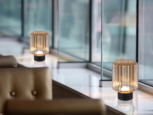 2er SET kleine Akku Tischleuchten mit Glasschirm Bernsteinfarbig, Höhe 19cm