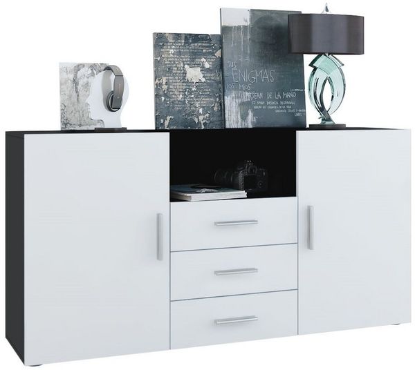 Vladon Sideboard Skadu, Kommode mit 2 Türen, 3 Schubladen und 1 offenem Fach, Schwarz matt/Weiß matt (138,5 x 71,5 x 35 cm)