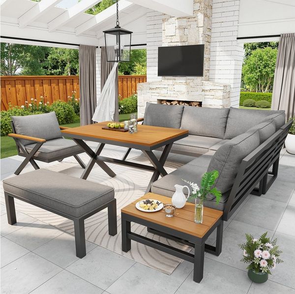 Merax Gartenlounge-Set mit Metallrahmen & verstellbaren Füße, Gartenmöbel aus Kunstholz, 8-Sitzer Sitzgruppe mit Sofa, Ecksofa, Sessel, Hocker und Holztischen