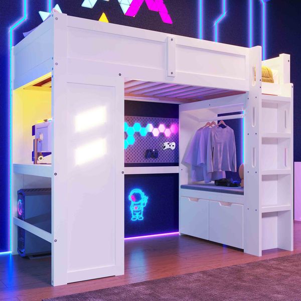 Hochbett 90x200 cm mit Schreibtisch, LED, USB & Typ-C, Stauraum und Wäscheständer – Weiß