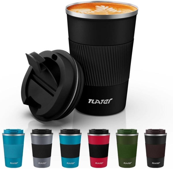 Tlater Kaffeebecher to go 380ml Thermobecher Isolierbecher Schwarz