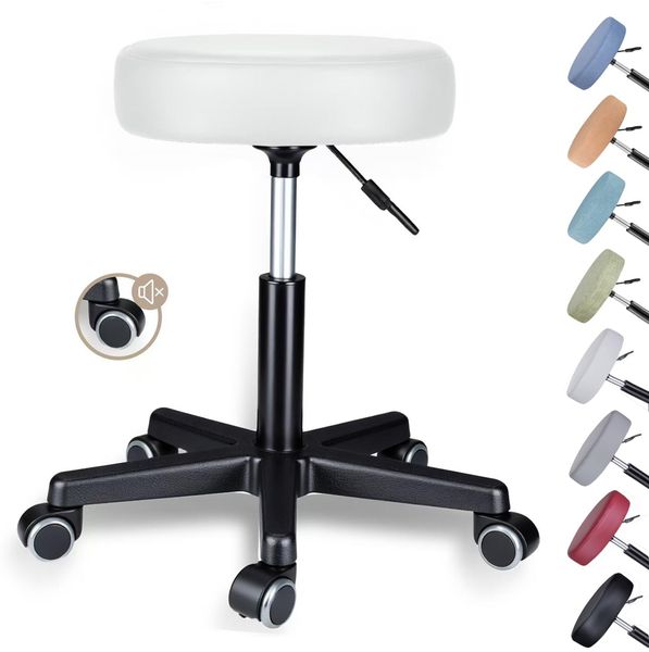 Zedelmaier Rollhocker höhenverstellbar, Bürohocker mit Gummirollen, 360° drehbar Hocker mit Rollen & 10 cm Polsterung, Sitzhocker Werkstatt, Drehhocker ergonomisch, Sitzhöhe 44–58 cm, Weiß