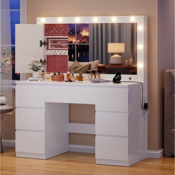 Furnicopia Schminktisch mit 7 Schubladen mit 2 Steckdosen 1 USB-Anschluss 1 Tycp-Anschluss (Größe 120*40*140cm Großer Spiegel 106cm Eingebautes Schmuckkabinett LED-Lichter Einstellbare Farbtemperatur und Helligkeit-ostern geschenke)