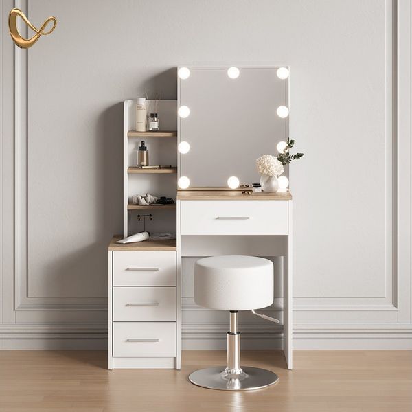 Livinity® Schminktisch Loreta, Weiß/Sonoma/Sonoma, mit LED Beleuchtung und Hocker (2-St)