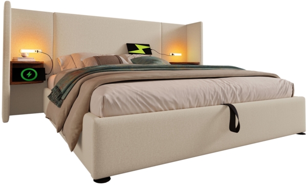 Polsterbett 180x200 cm mit hydraulischem Bettkasten, Leinenbezug und integriertem Kopfteil mit Leselampe sowie 2×USB/2×Type‑C,Beige