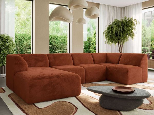 Modulares XXL-Ecksofa MODARO 5M, U-Form, Wohnlandschaft, 5-teilig, freistehend, Wohnzimmer Couch, HR-Schaumstoff - Orange Plüsch - Links