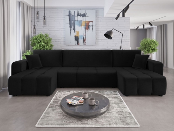 Wohnlandschaft mit Schlaffunktion DAGNY Sofa U-Form in Stoff Kronos Schwarz