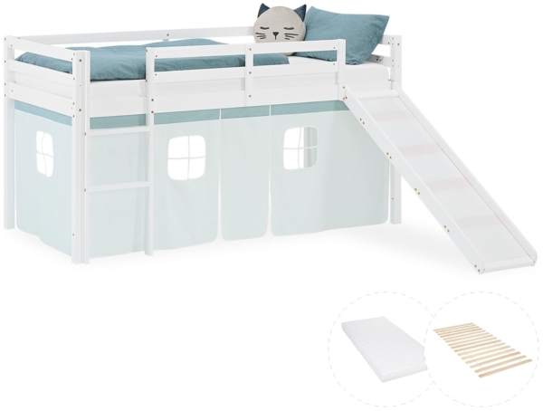 Hochbett Kinder 90x200 cm mit Matratze Rutsche Kinderbett Stockbett Vorhang Grün Mintgrün Leiter Holz Massiv
