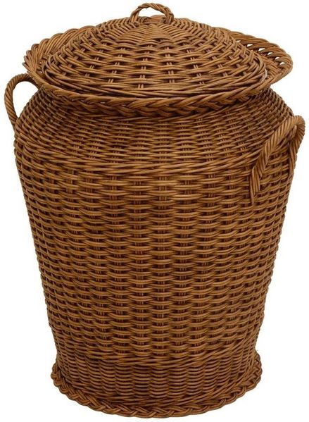 Krines Home Wäschetonne Wäschekorb Wäschetonne Wäschesammler Ø 50 cm aus echtem Rattan, rund mit Deckel und Inlett
