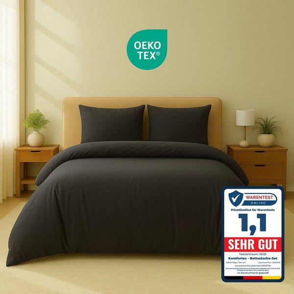 Komfortec Premium Bettwäsche 200x200 mit 2 Kissenbezug 40x80 cm Set aus Gebürstetes Mikrofaser - Anthrazit