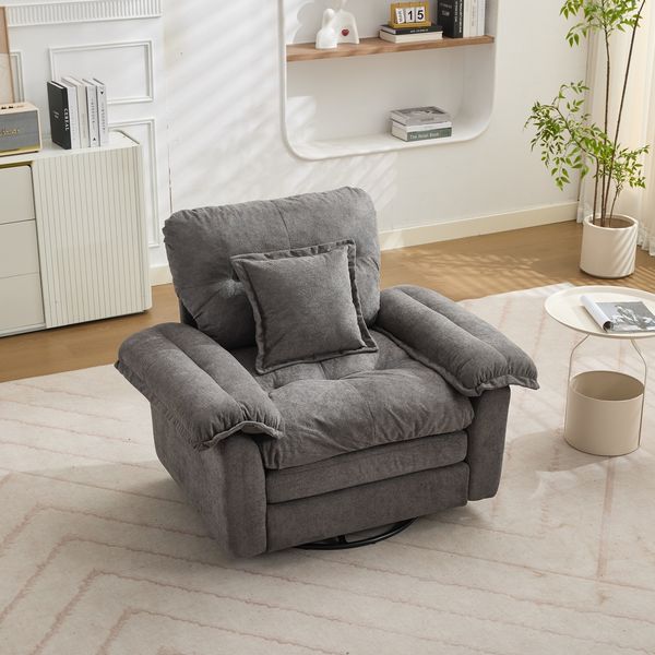 Relaxsessel mit Oversized-Sitzfläche in Grau, Chenille-Bezug, 360° Drehfunktion und Stützkissen,96x116x84 cm