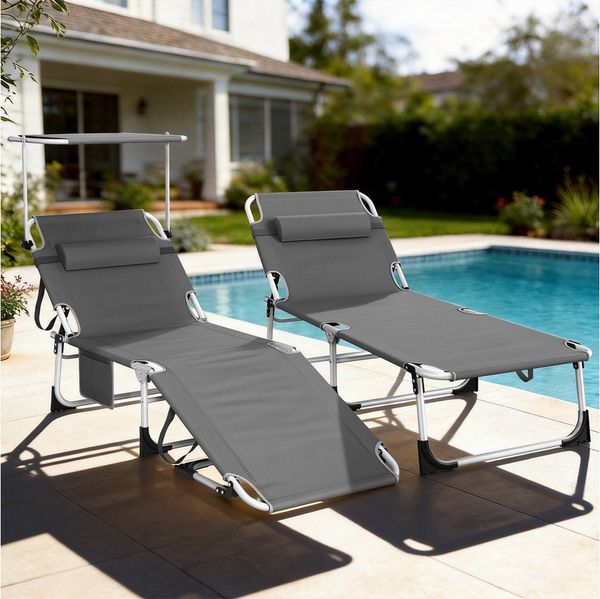 Huracan Gartenliege Sonnenliege mit Dach, Gartenliege mit Kopfkissen&Seitentasche, 2 St, Sonnenliege klappbar für Strand, Extra Breiter Liegefläche, Verstellbare Rückenlehne & Sonnenschutz