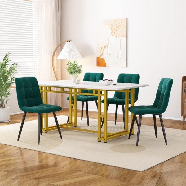 Esszimmer-Set 5-teilig mit Tisch 120x70 cm & 4 Grün Samtstühlen, Gold-Metallbeine,für Esszimmer und Wohnzimmer