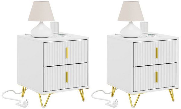 SoBuy Nachttisch FBT115-E, Nachttisch, Nachtschrank Beistelltisch Sofatisch Couchtisch, Nachttisch mit 2 Steckdosen, USB und Type-C, 2/3 Schubladen