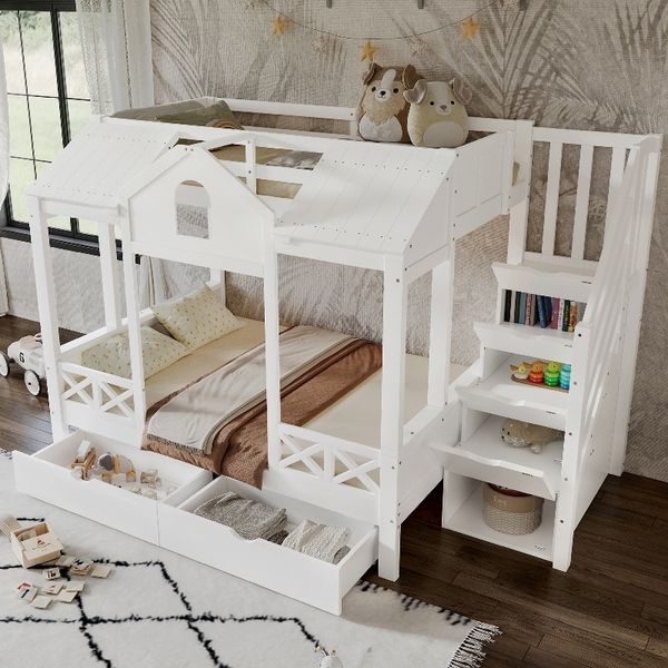 Novelux Etagenbett 90x200 140x200 mit Treppe, 2 Schubladen und 4 Staufächern – Kinderetagenbett aus Kiefer/MDF in Weiß, Hausbett mit Lattenrost
