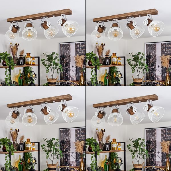 hofstein Deckenleuchte »Cotes« Deckenlampe aus Holz/Metall, Braun/Weiß Schirme, Gitter-Optik, ohne Leuchtmittel, Leuchte m. Holzbalken, Textilkabeln u. verstellbaren Strahlern, 4xE27