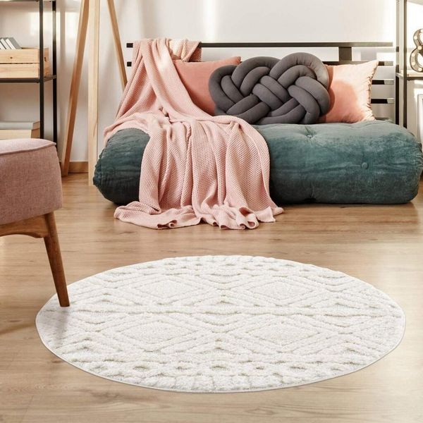 carpet city Teppich Hochflor Wohnzimmer - 160x160 cm Rund - Scandi, Landhaus-Stil Ethno Einfarbig Creme - Cut-Loop, Hochtief, 3D-Effekt - Shaggy Teppiche Flauschig-Weich Schlafzimmer Langflor