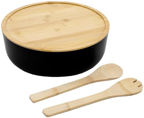 Spetebo Salatschüssel XXL Salatschüssel mit Bambus Deckel, Verbundstoff, (Packung, 1-tlg), Schale groß inklusive Holz Besteck