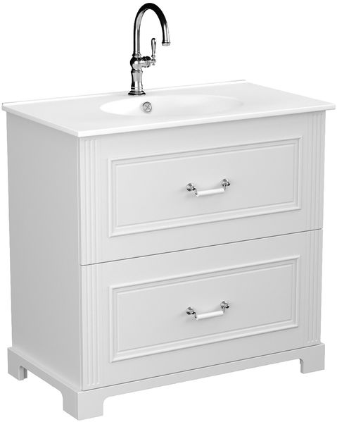 BADEDU RILA Waschbecken mit Unterschrank 80 cm breit, Weiß matt, Waschbecken Keramik Weiß, mit Füßen