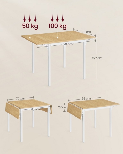Vasagle Esstisch für 2-4 Personen, klappbar, Holzspannplatte/Stahl Natureichenfarben, 76,2 x 78 x 120 cm, KDT077Y01 Bild 2