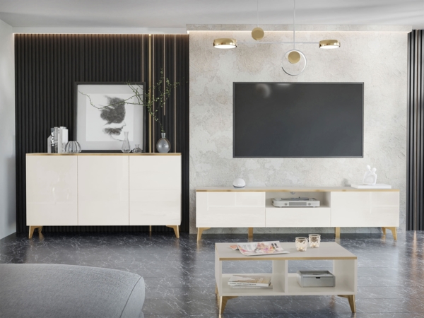 Wohnzimmer-Set Aurora I Kommode, TV-Lowboard, Couchtisch (Farbe: Beige / Beige Hochglanz + Gold)