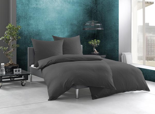 Bettwaesche-mit-Stil Mako-Satin Damast Streifen Bettwäsche „Linea“ anthrazit 4mm gestreift Garnitur 240x220 + 2x 80x80