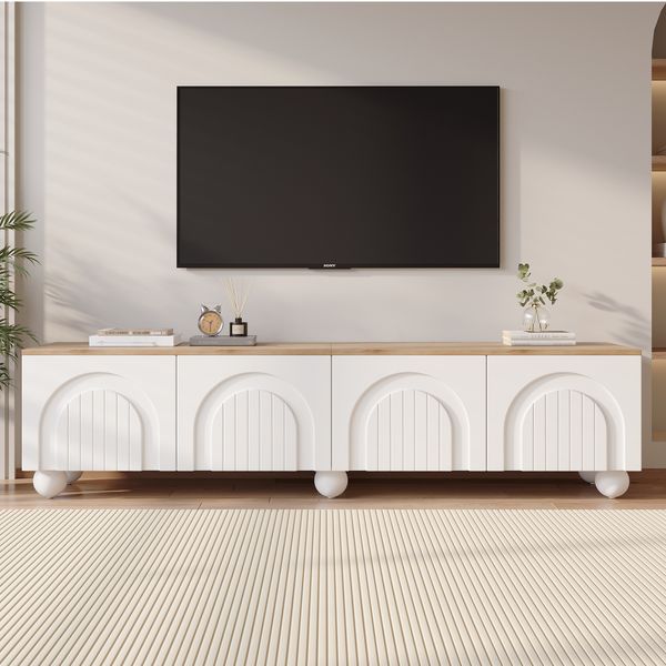TV-Board 180 cm Weiß Holzoptik mit 4 Türen, modernem Rillendesign, TV-Schrank für 80-Zoll-Fernseher, Lowboard mit viel Stauraum