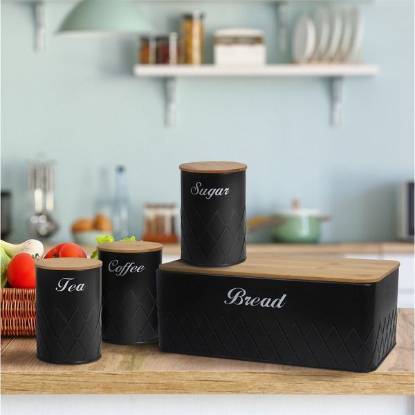 Neuetischkultur Brotkasten Brotkasten Vorratsdosen 4er-Set Schwarz, Eisen, (Set, 4-tlg, 1 Brotkasten, 3 Vorratsdosen), Metall Kaffeedose Teedose Zuckerdose
