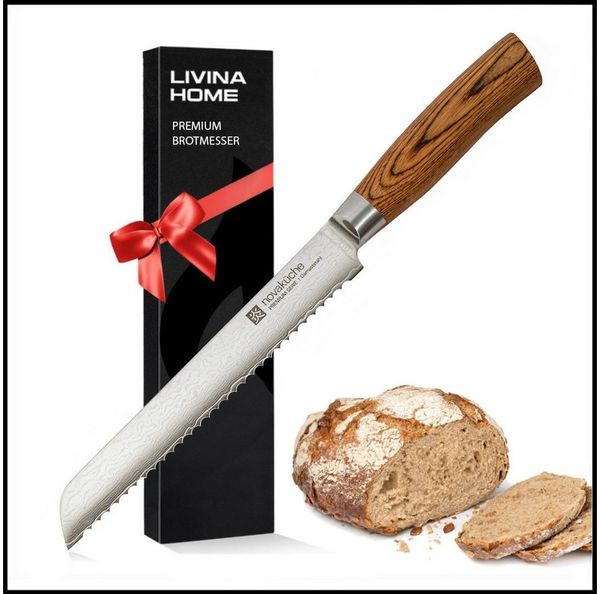 LIVINA HOME Brotmesser Profi Brotmesser mit scharfer 20 cm Klinge aus 67 Lagen Damaststahl, Damast Messer Japanischer Art, Geschenkbox, Oster Deal Sale!