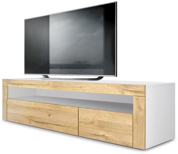 Vladon Lowboard Valencia, TV-Kommode mit 1 offenem Fach und 2 Klappen, Weiß matt/Eiche Natur/Eiche Natur (155 x 46 x 40 cm)
